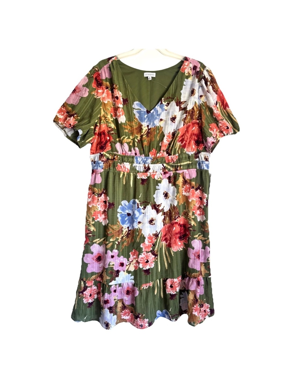Luxology Dress 3X Green Floral Midi V Neck Cottage Short Sleeves NEW